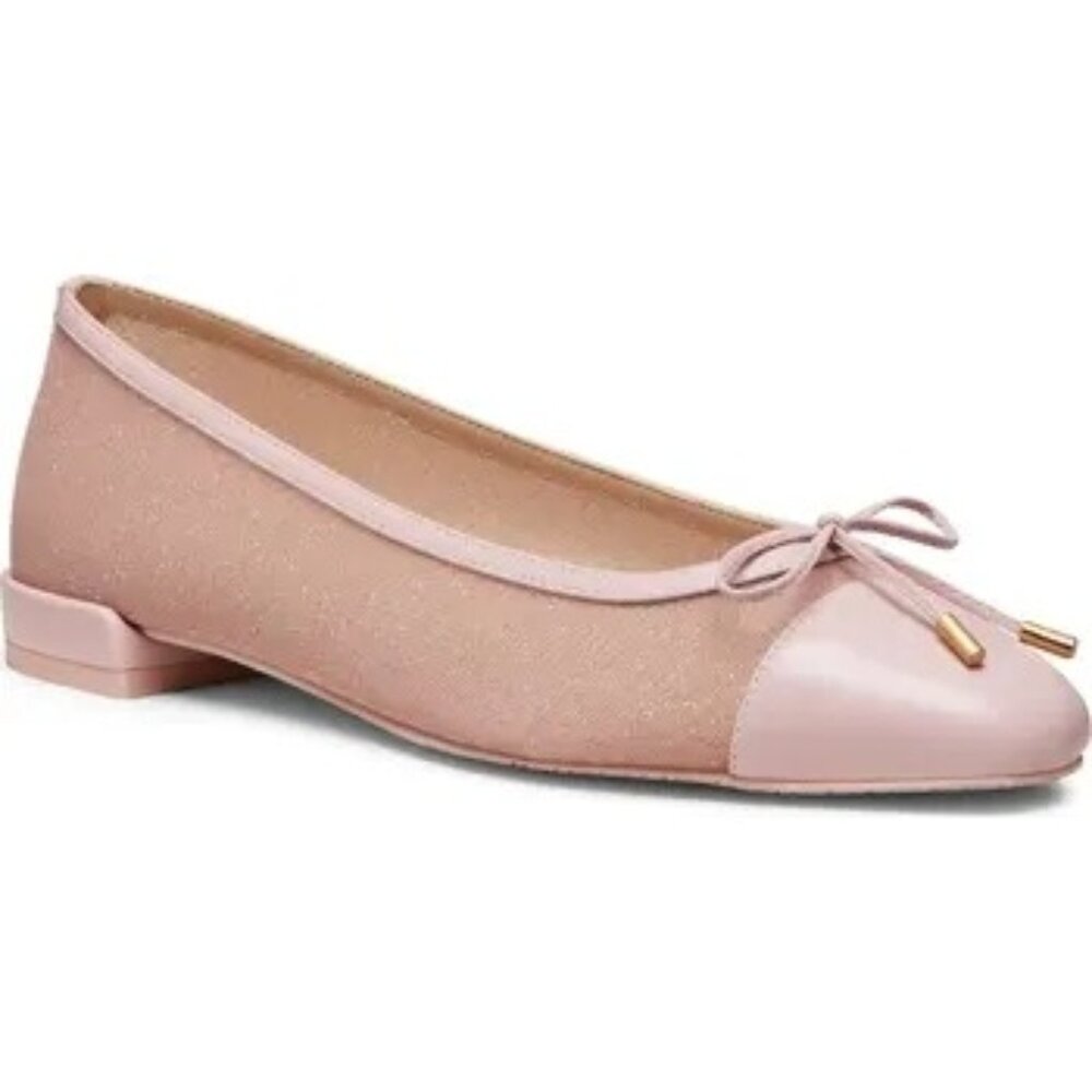 Stuart Weitzman Sleek Bow pink Leather-Trimmed Mesh Flats size 6.5 NEW